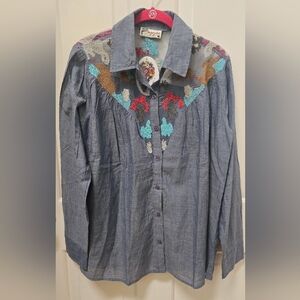 Magazine Embroidered Chambray Button-Up Lightweight Top w/ Multi-Color Yoke-NWT